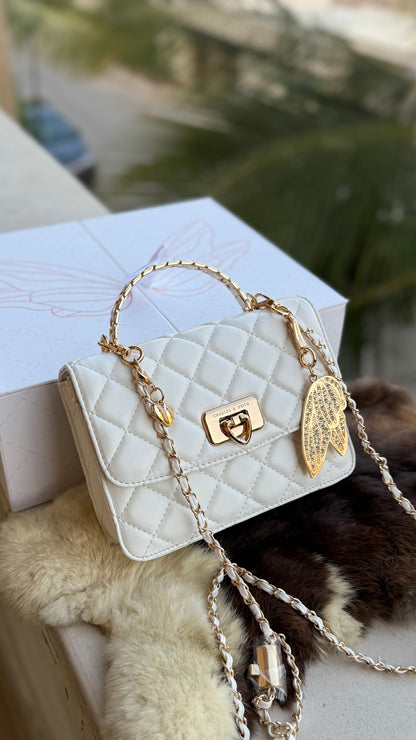 Charles & Keith Cressida Quilted Top Handle Bag in White-Master Plus Series-Gift Box Packaging.