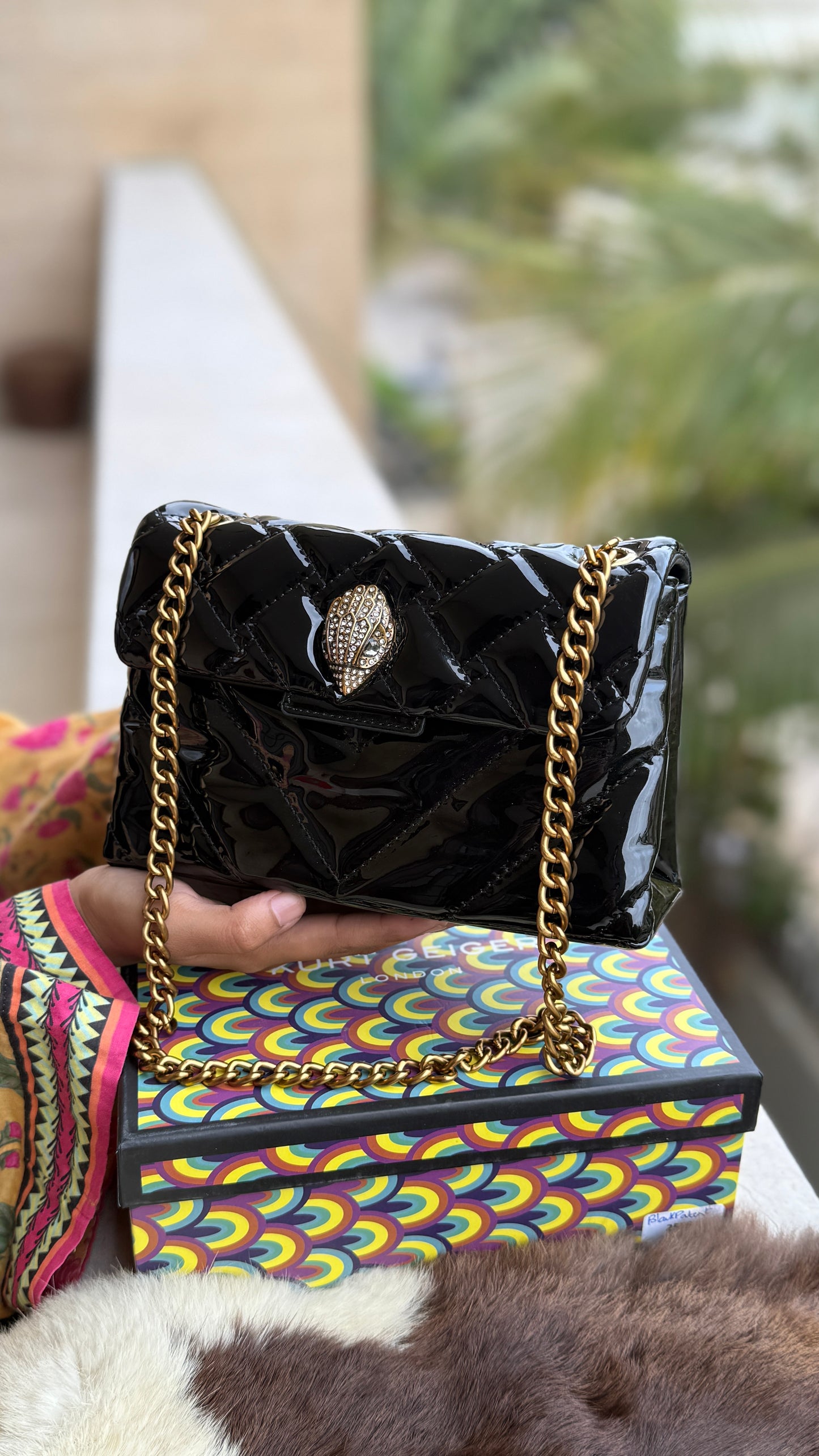 Kurt Geiger Kensington shoulder bag featuring quilted black patent leather and a signature eagle head embellished with crystals-Master Series With Box
