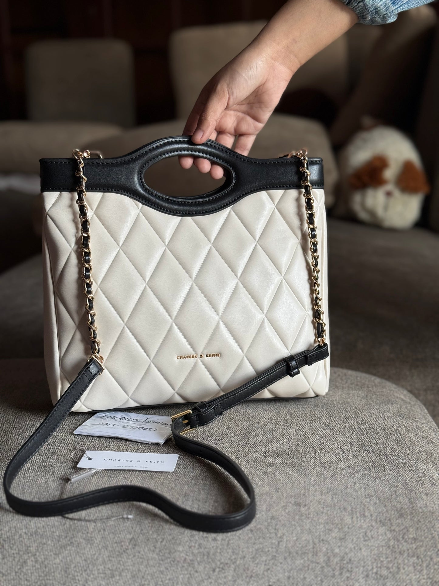 Charles & Keith Arwen Quilted Curved-handle bag Cream