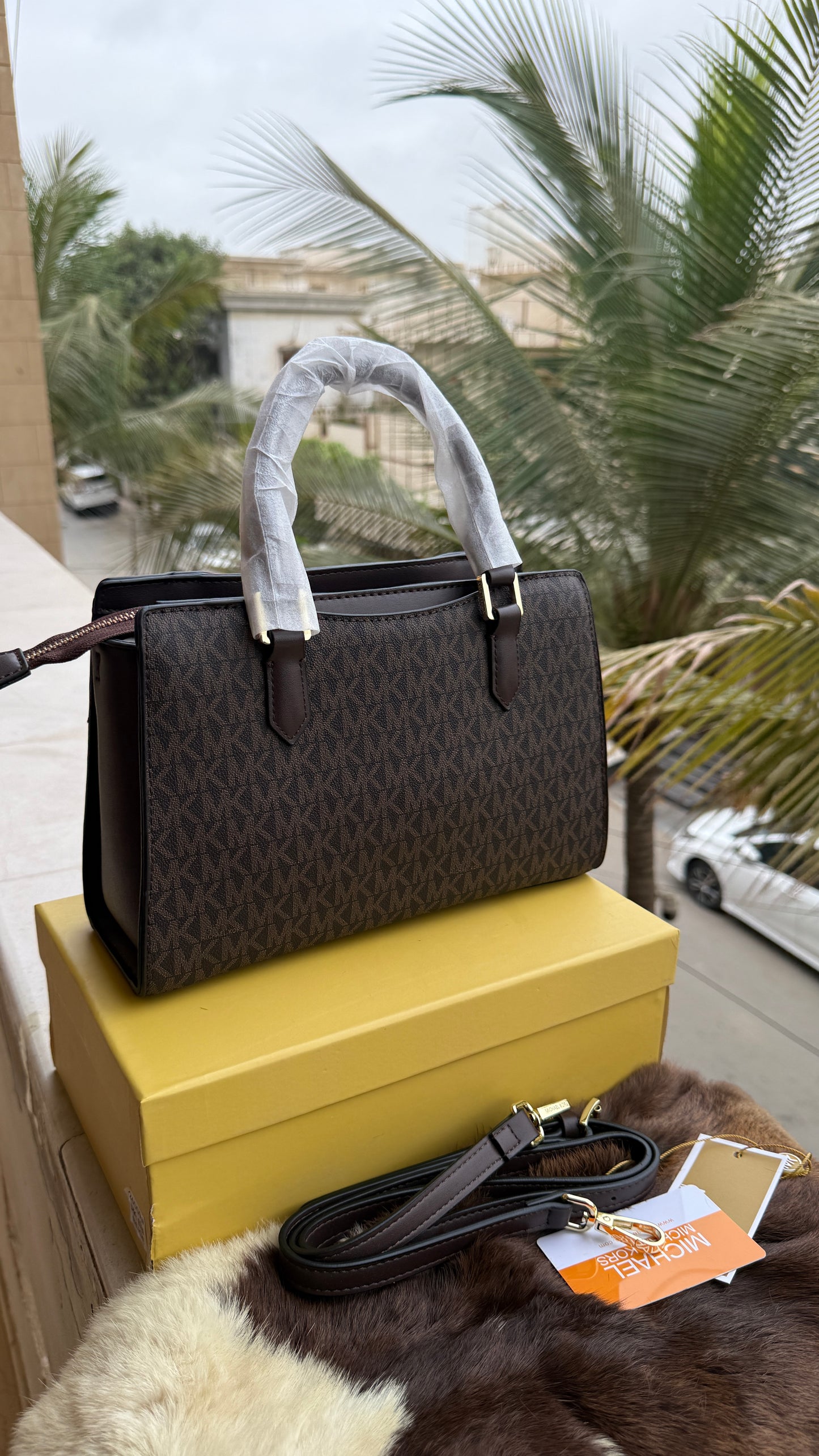 Michael Kors Laila Signature Monogram Hand bag With box.