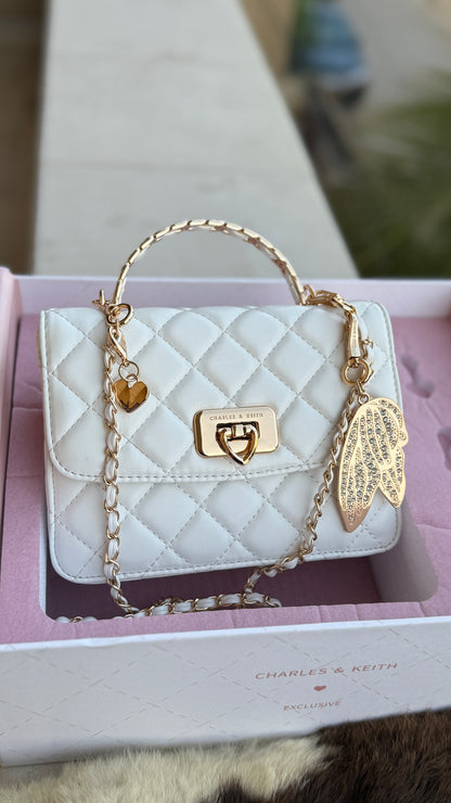 Charles & Keith Cressida Quilted Top Handle Bag in White-Master Plus Series-Gift Box Packaging.