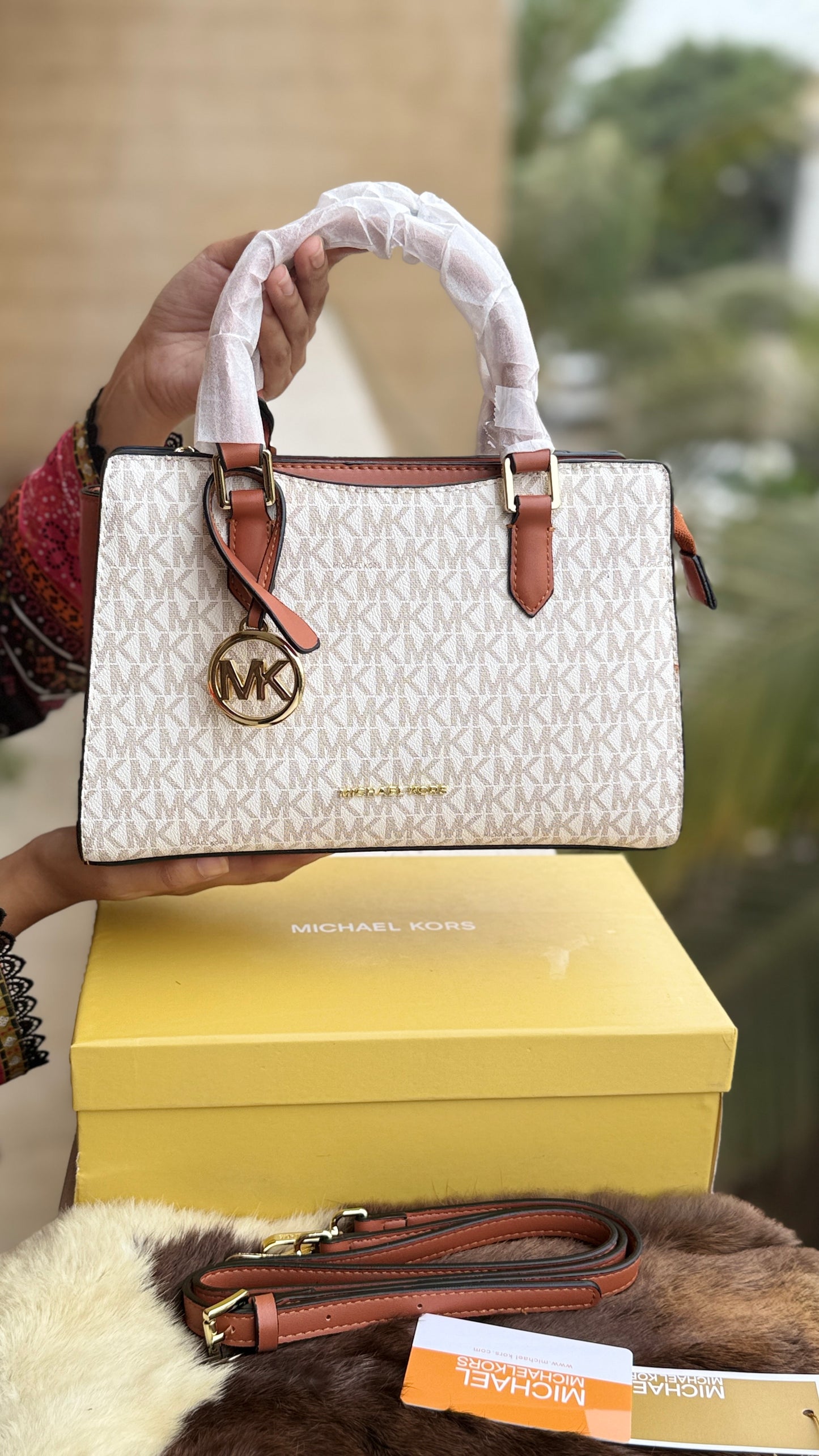 Michael Kors Laila Signature Monogram Hand bag With box.