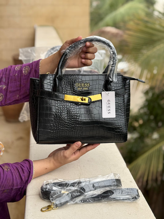 Guess Enisa Small Satchel ( Jet Black ) Crocodile pattern
