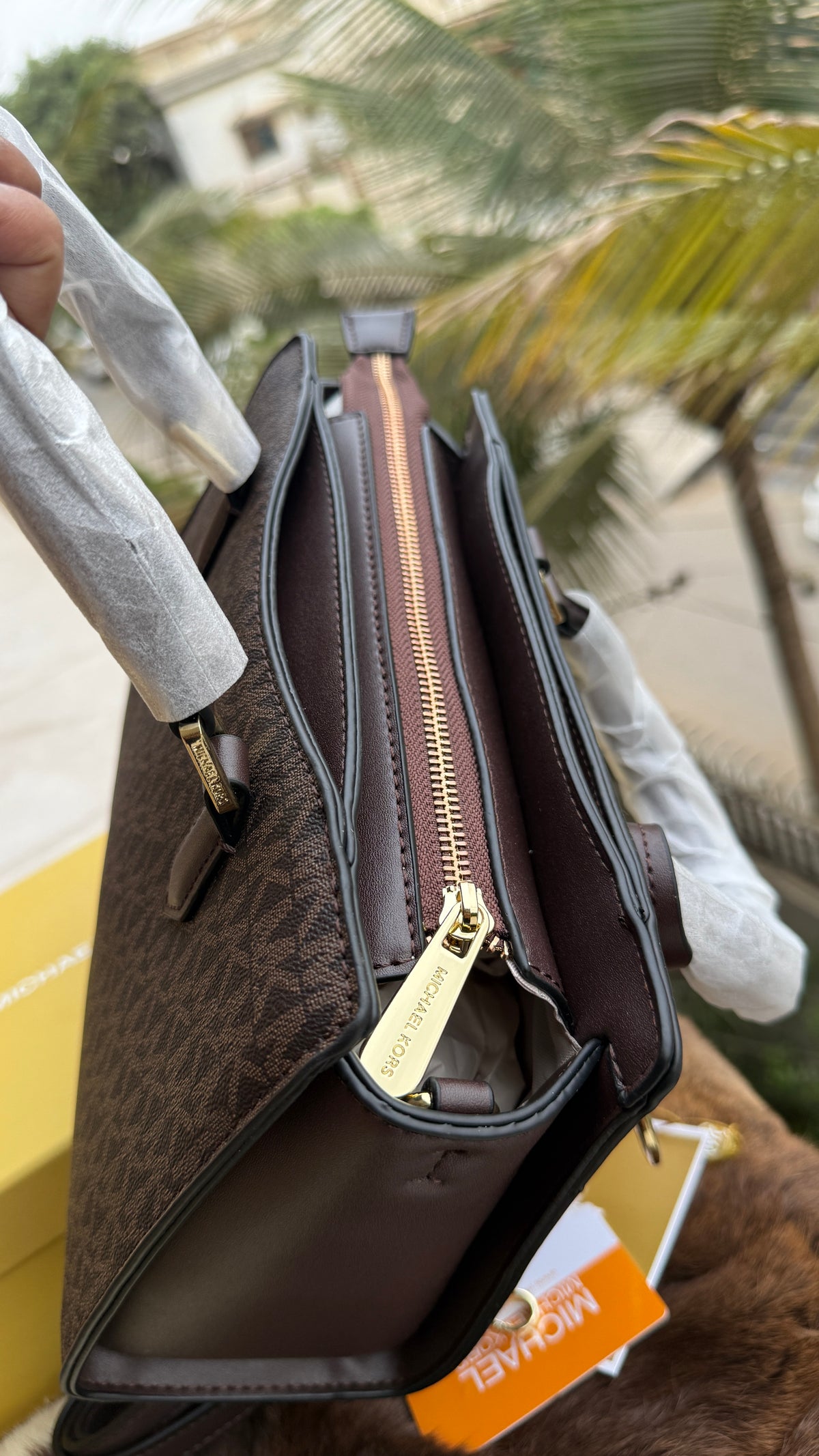 Michael Kors Laila Signature Monogram Hand bag With box.