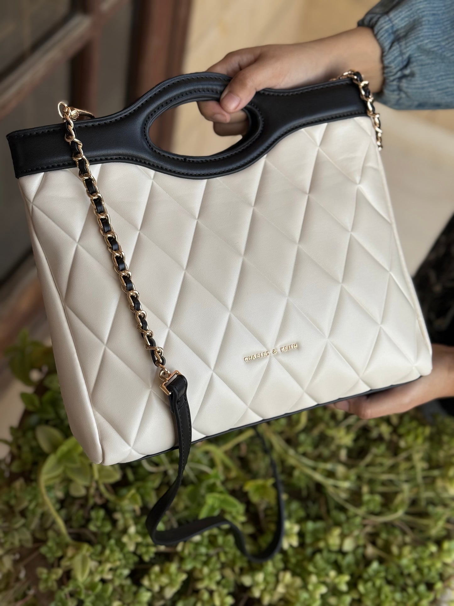 Charles & Keith Arwen Quilted Curved-handle bag Cream