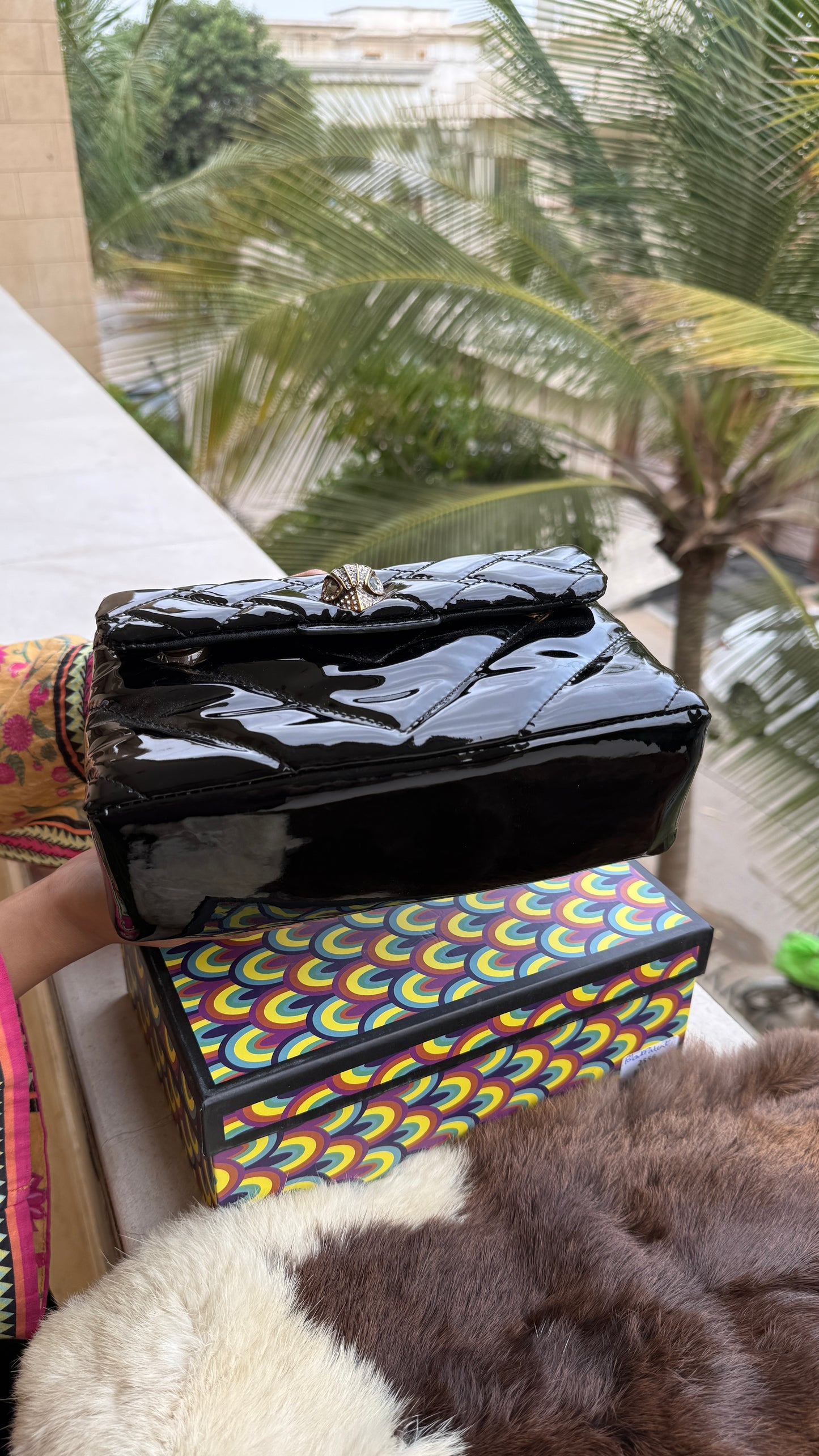 Kurt Geiger Kensington shoulder bag featuring quilted black patent leather and a signature eagle head embellished with crystals-Master Series With Box