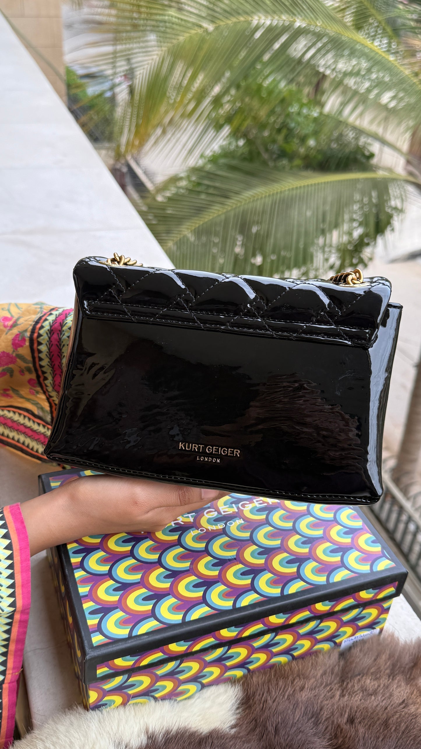 Kurt Geiger Kensington shoulder bag featuring quilted black patent leather and a signature eagle head embellished with crystals-Master Series With Box