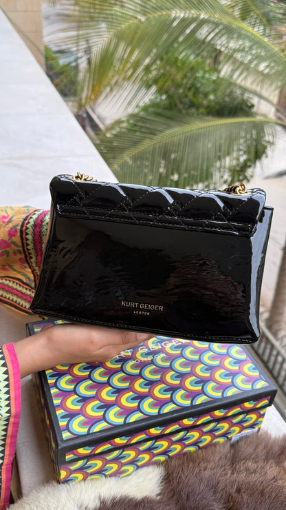 Kurt Geiger Kensington shoulder bag featuring quilted black patent leather and a signature eagle head embellished with crystals-Master Series With Box